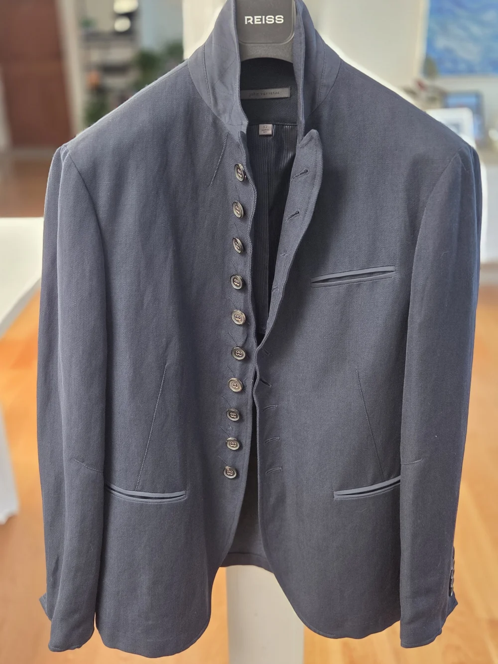 John Varvatos Men’s Navy Blue Button Up Linen/Wool Blend Woodward Jacket 52EU